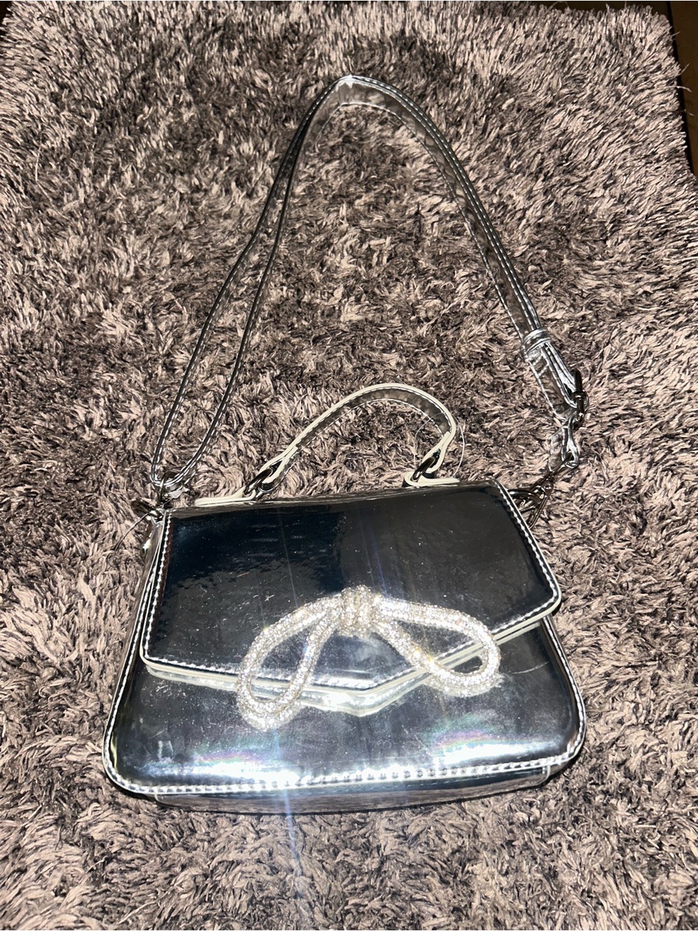 Target Silver Metallic Crossbody Bag with rhinestone Bow Accent